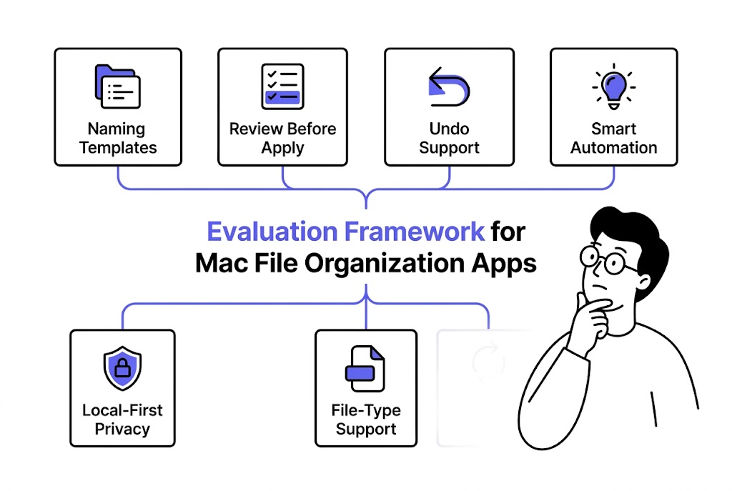 Evaluation framework visual comparing seven criteria for choosing a Mac file organization app: naming, review, undo, automation, privacy, file-type support, recurring workflows
