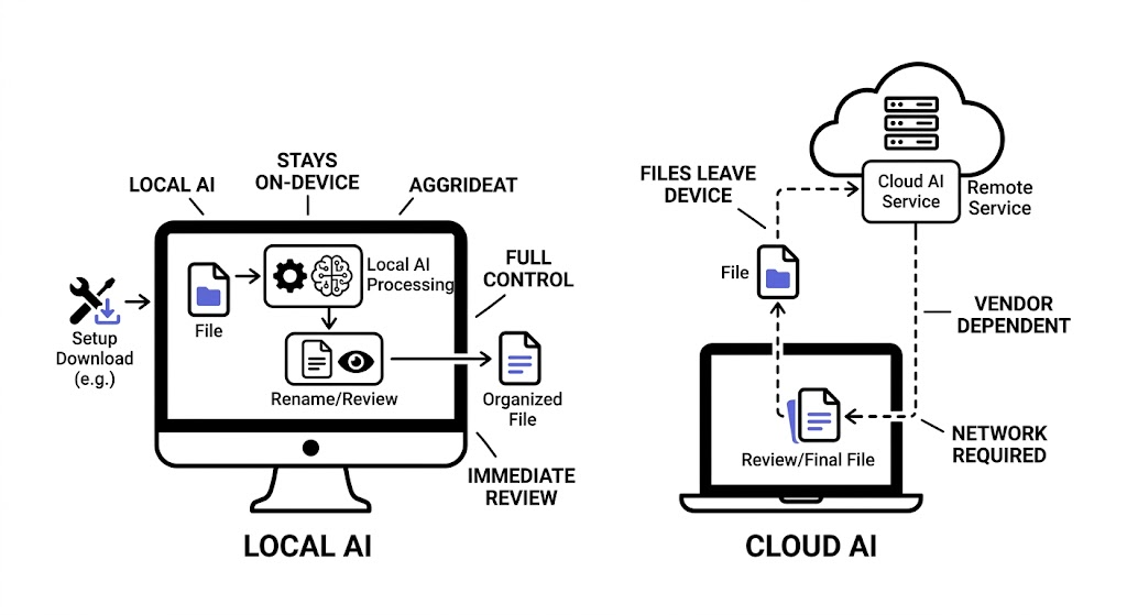 Two parallel file-organization workflows showing local processing on-device after setup on one side and cloud processing through a remote service on the other, with privacy, control, and review differences called out explicitly