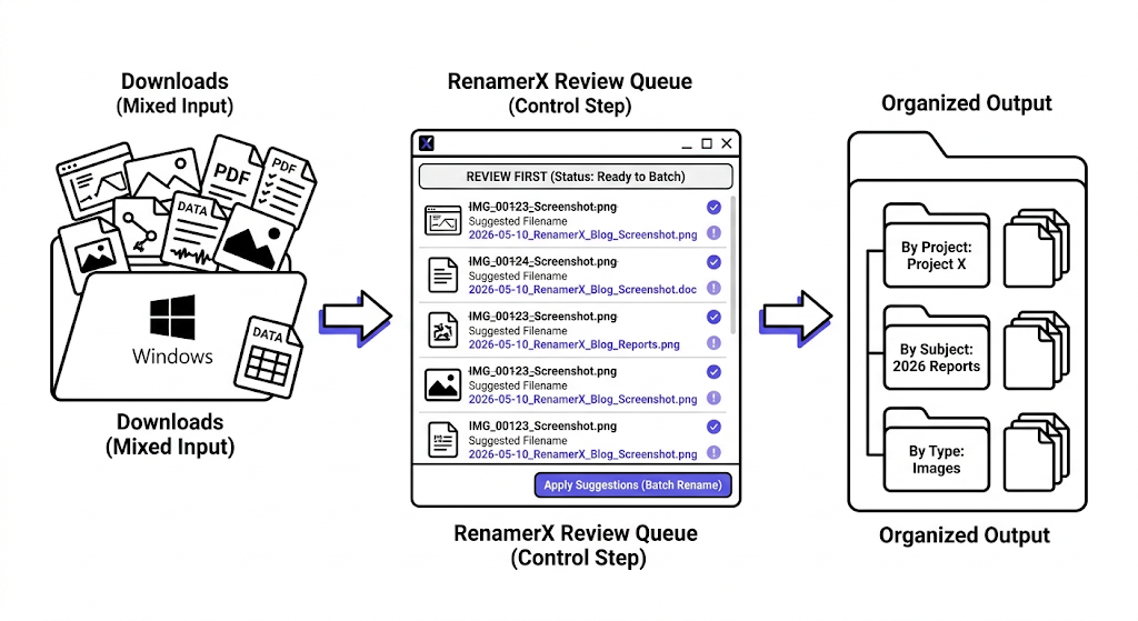Windows file organization workflow: mixed input folder on left, review pane with suggested filenames and status indicators in center, organized output with subject or project grouping on right