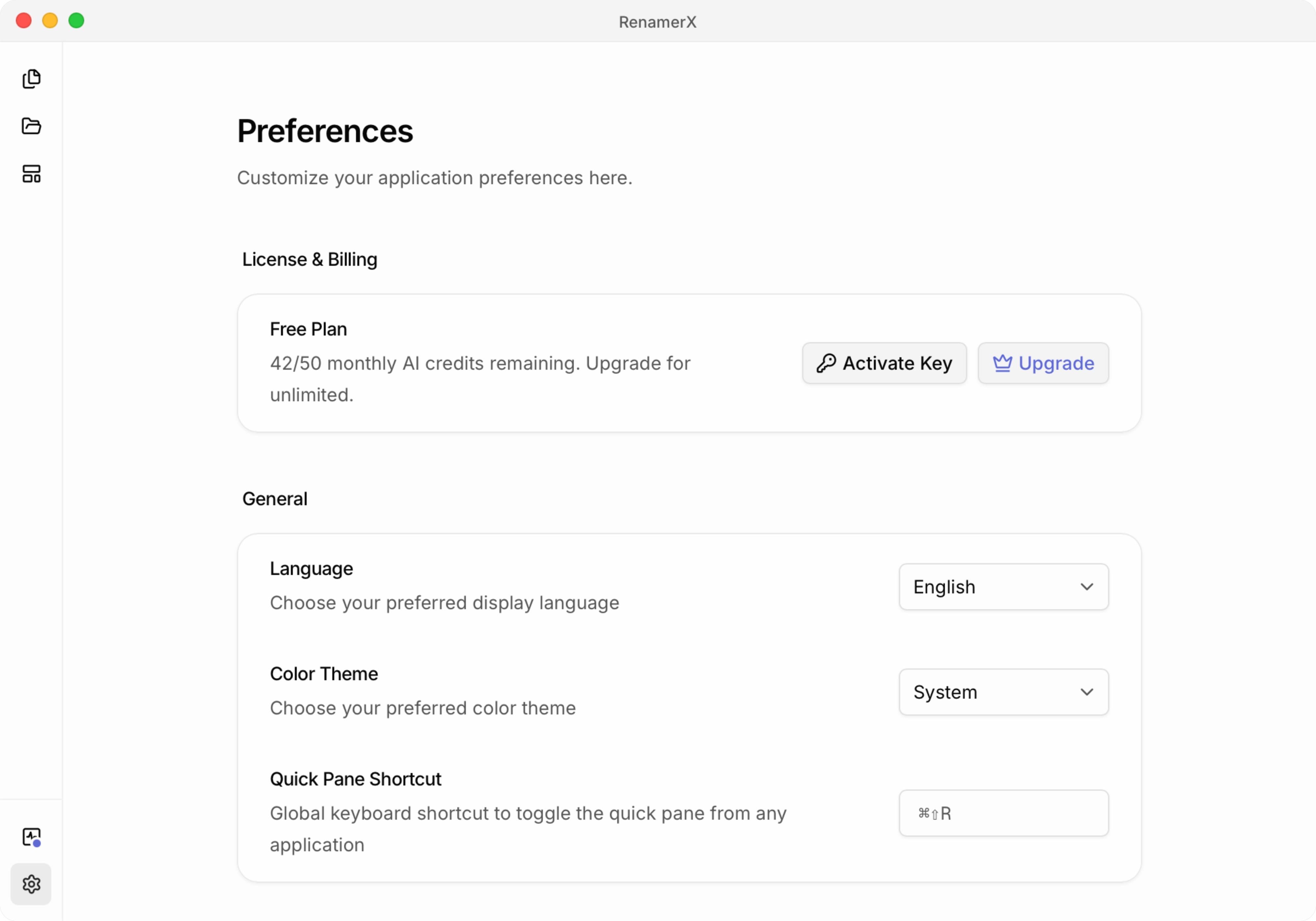 Preferences Billing section showing Free vs Pro state, remaining credits, Activate Key, and Upgrade with the monthly credit model