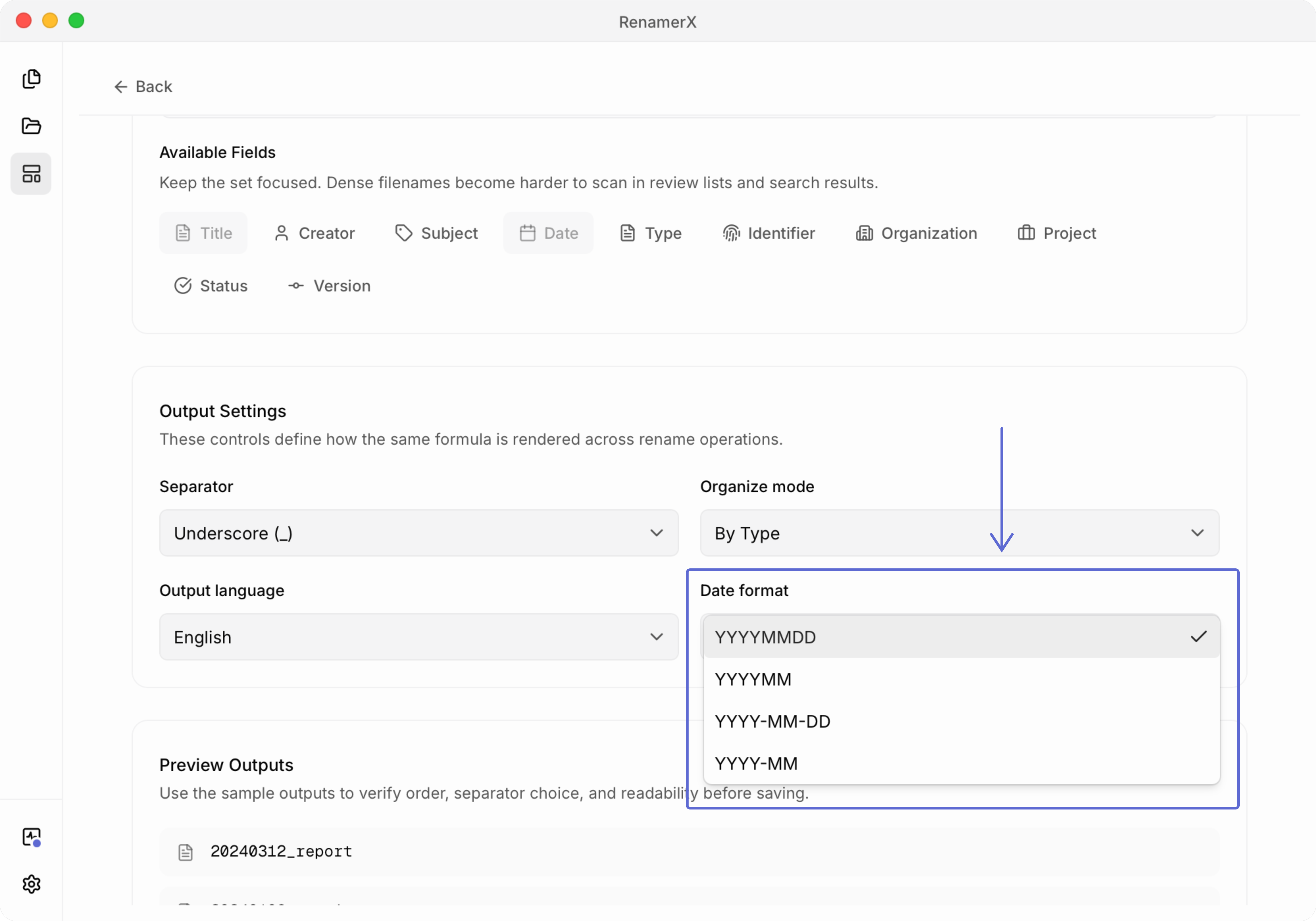 Template editor showing the date-format selector and live filename preview so the same sample file can be compared across multiple date formats
