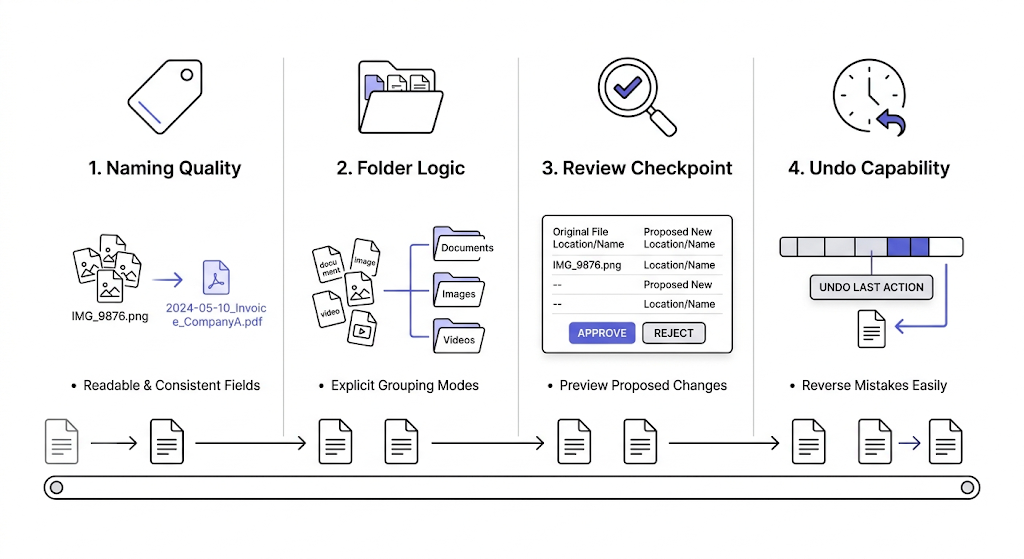 Diagram showing four pillars of trustworthy AI file organization: naming quality, folder logic, review checkpoint, and undo capability, with sample files flowing through each stage