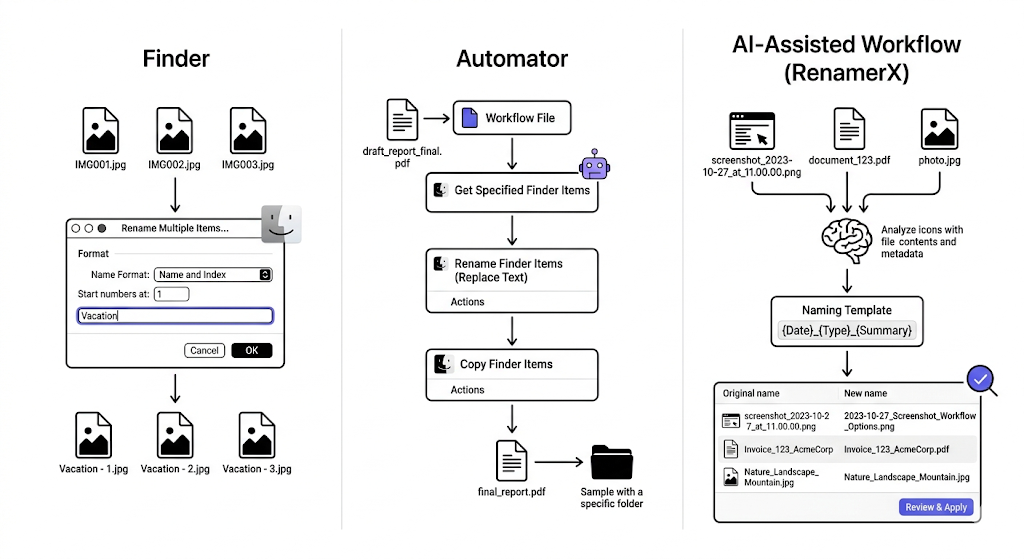 Three-column comparison showing Finder quick rename on left, Automator reusable workflow in center, and AI-assisted template-based rename on right, each with sample files