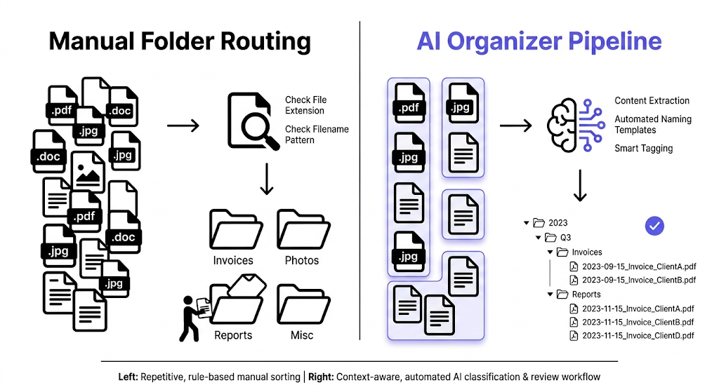 Side-by-side comparison showing manual folder routing pipeline based on file extensions and patterns versus AI organizer pipeline using content extraction, naming templates, and review workflows