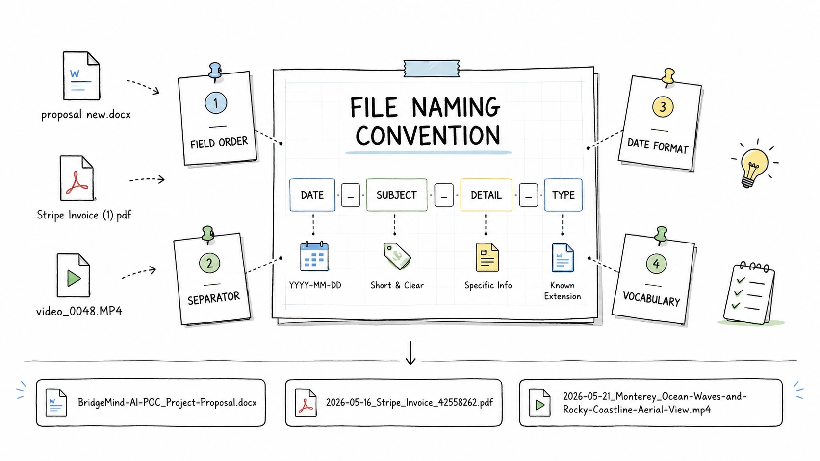 File naming convention rule board showing field order, separators, date format, vocabulary, and tested example filenames.