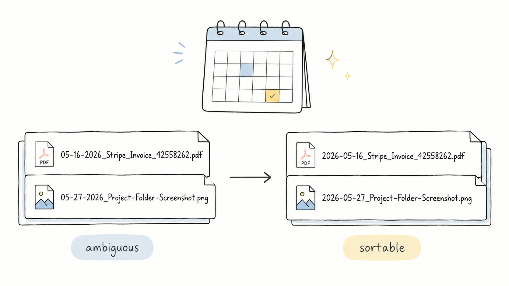 Ambiguous date formats converted into sortable YYYY-MM-DD file names for invoices and screenshots.