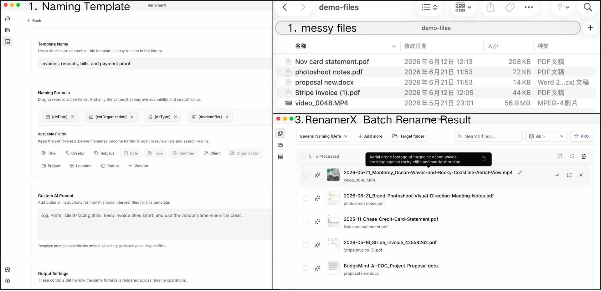 RenamerX batch rename screen showing extracted metadata fields and a generated filename preview for an invoice.