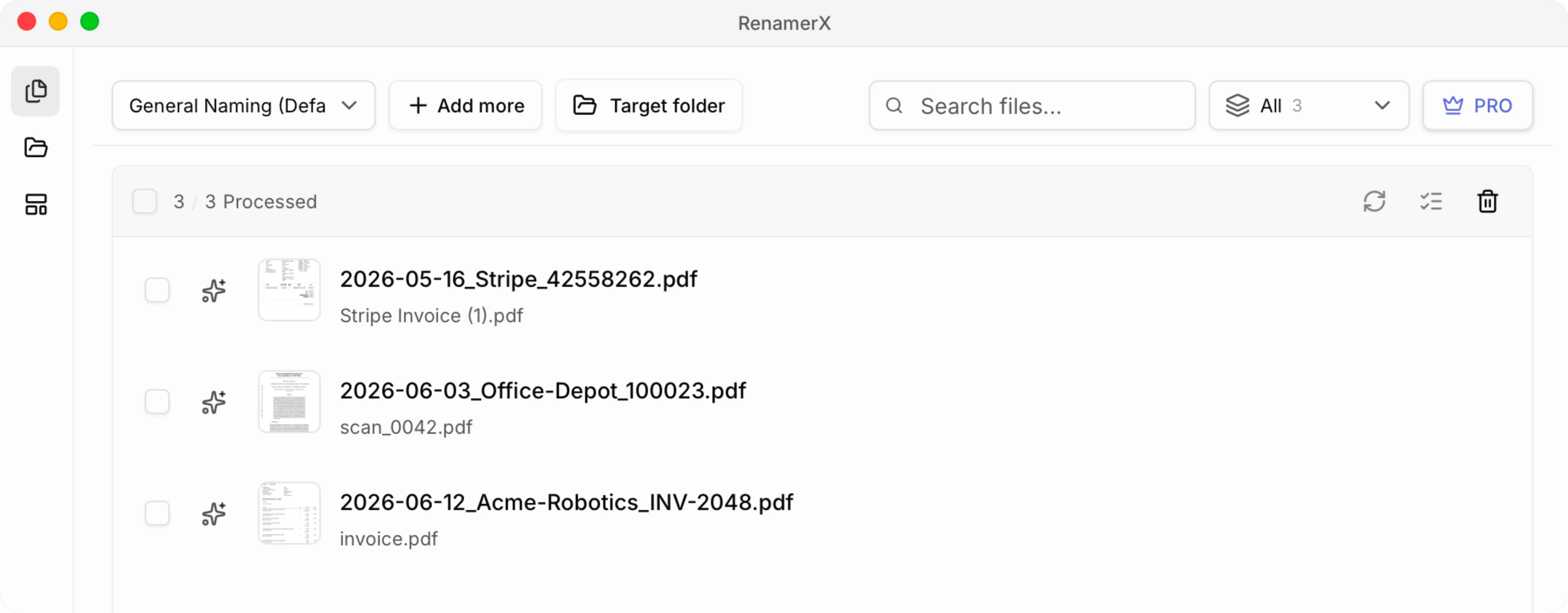 RenamerX invoice rename review showing Stripe, Office Depot, and Acme Robotics files beside date-, organization-, client-, and invoice-number-based filename suggestions