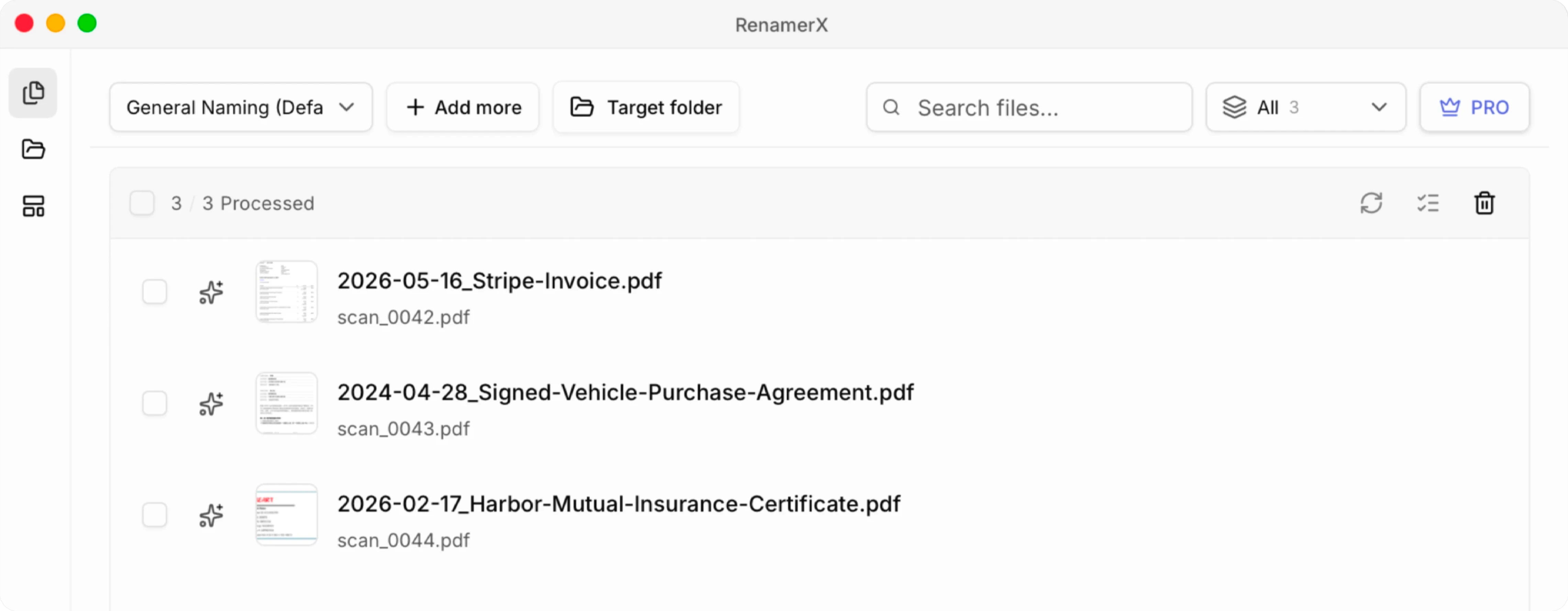 RenamerX review showing scan_0042.pdf, scan_0043.pdf, and scan_0044.pdf beside descriptive invoice, signed agreement, and insurance certificate filenames