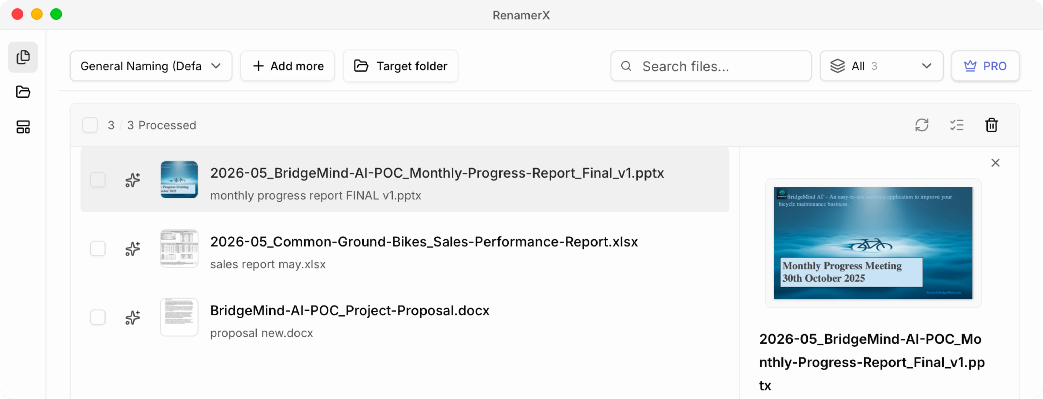 RenamerX Batch Rename review showing proposal, sales report, and monthly progress Office files beside optimized DOCX, XLSX, and PPTX filename suggestions