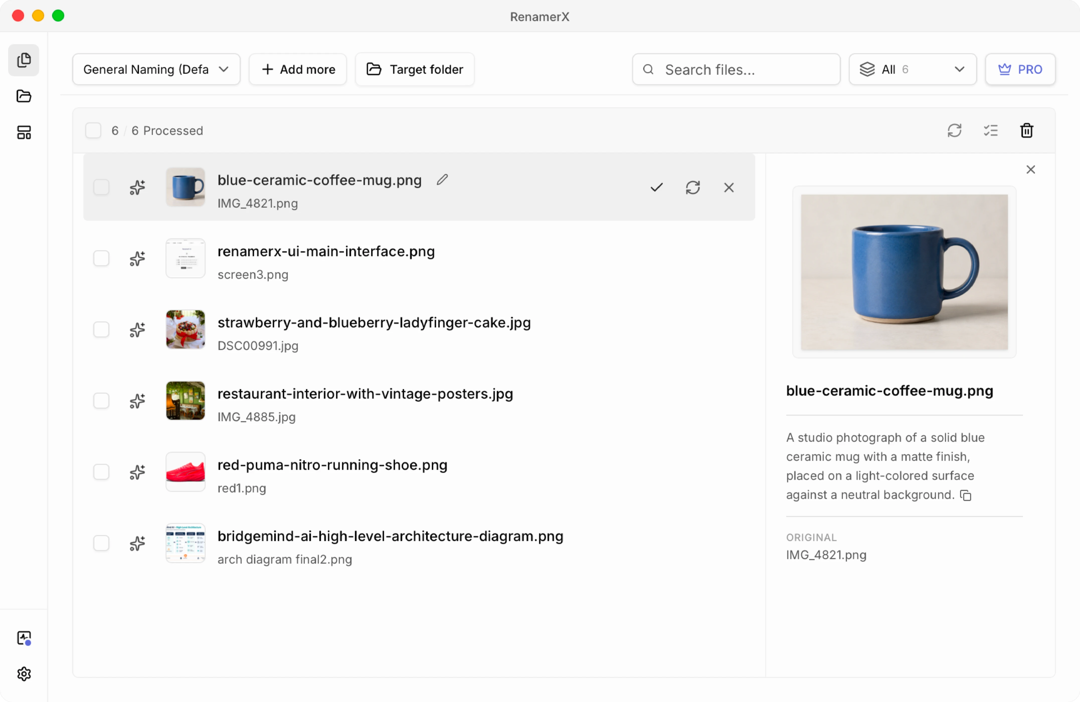 RenamerX Batch Rename review showing six processed images with their original and generated filenames: a blue ceramic coffee mug, the RenamerX main interface, a strawberry and blueberry ladyfinger cake, a restaurant interior with vintage posters, a red Puma Nitro running shoe, and a BridgeMind AI high-level architecture diagram.