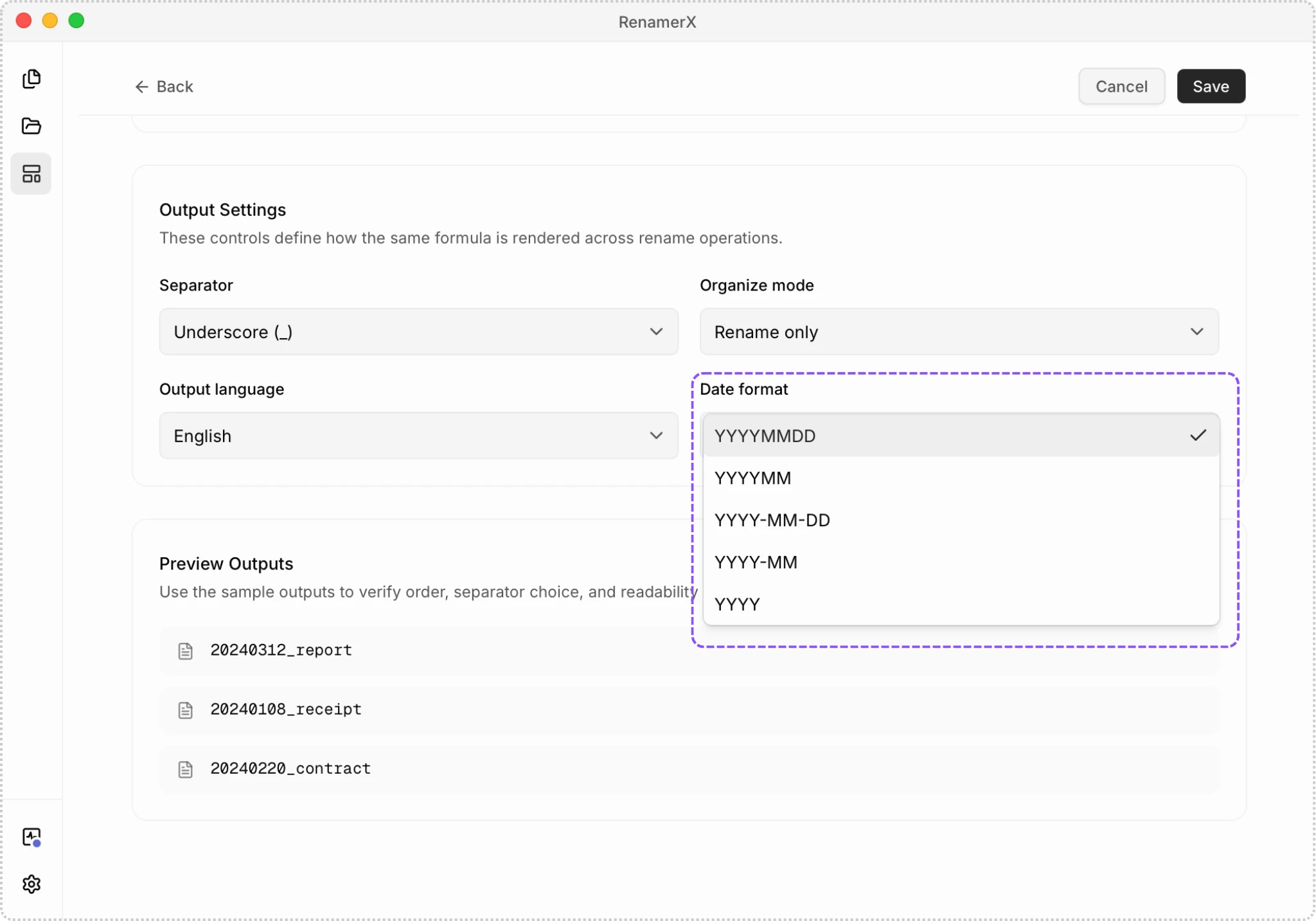 Naming template editor with the Date format menu open, showing five supported formats and filename previews