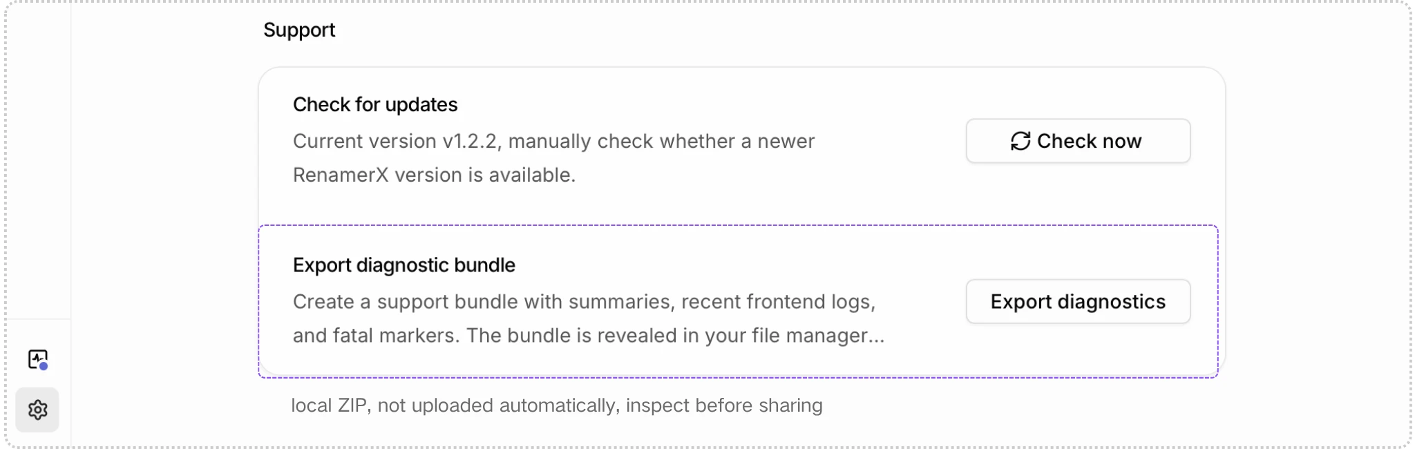 Preferences Support section with Export diagnostic bundle and Export diagnostics, noting that the ZIP stays local until you share it