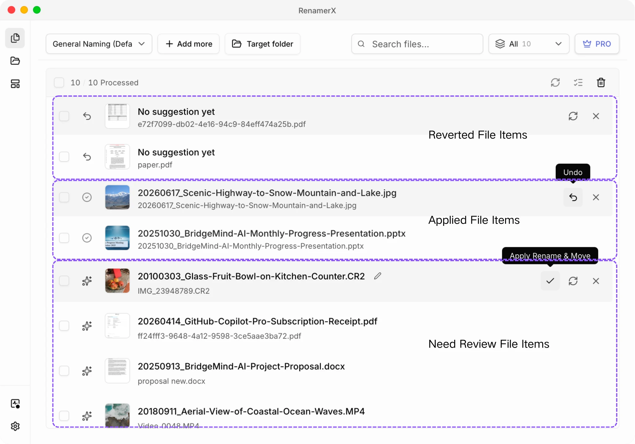 Batch Rename results annotated into Reverted, Applied, and Needs review groups, with Undo and Apply actions
