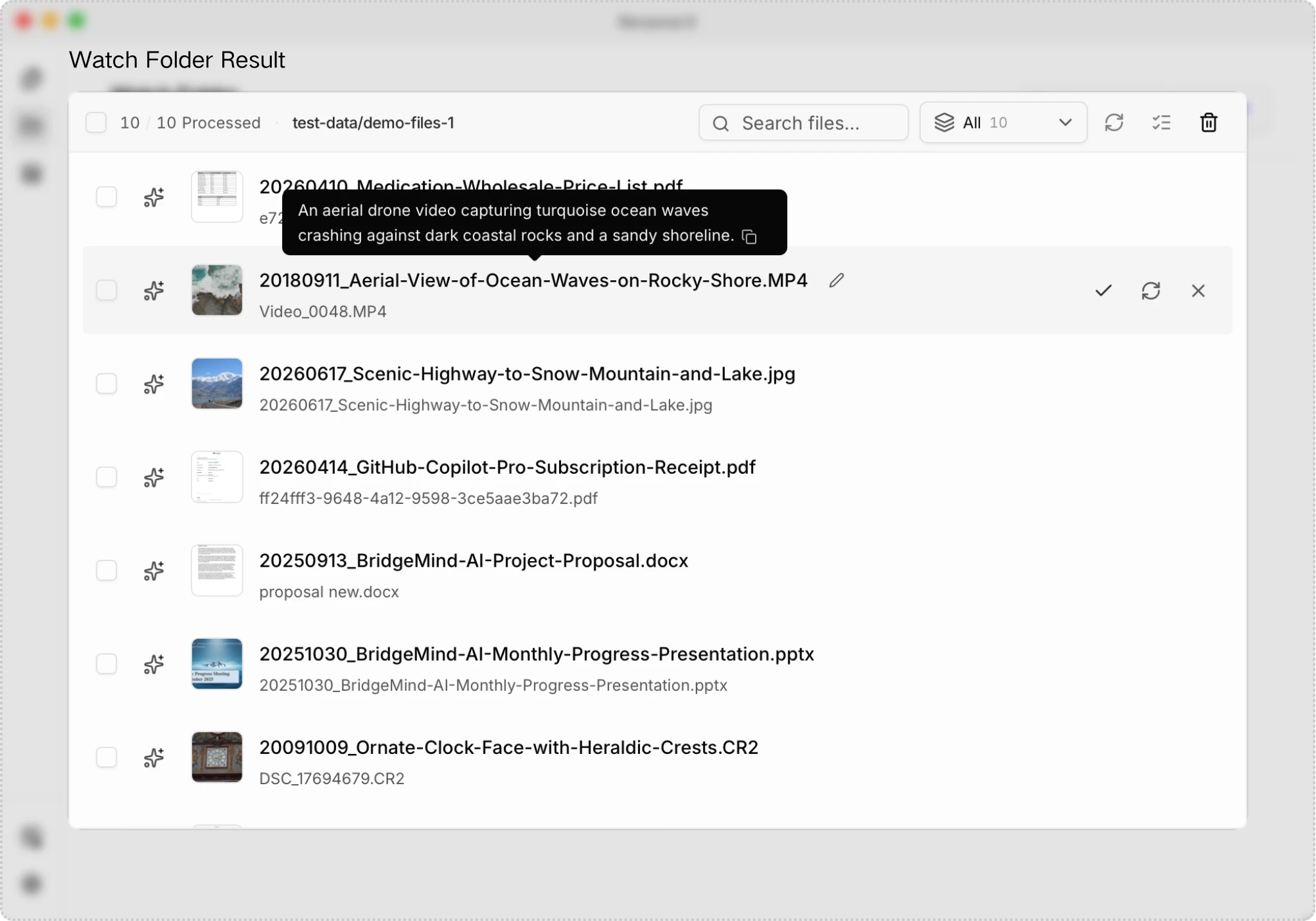 Watch Folder Result window listing processed files with search, status filtering, and per-file review actions