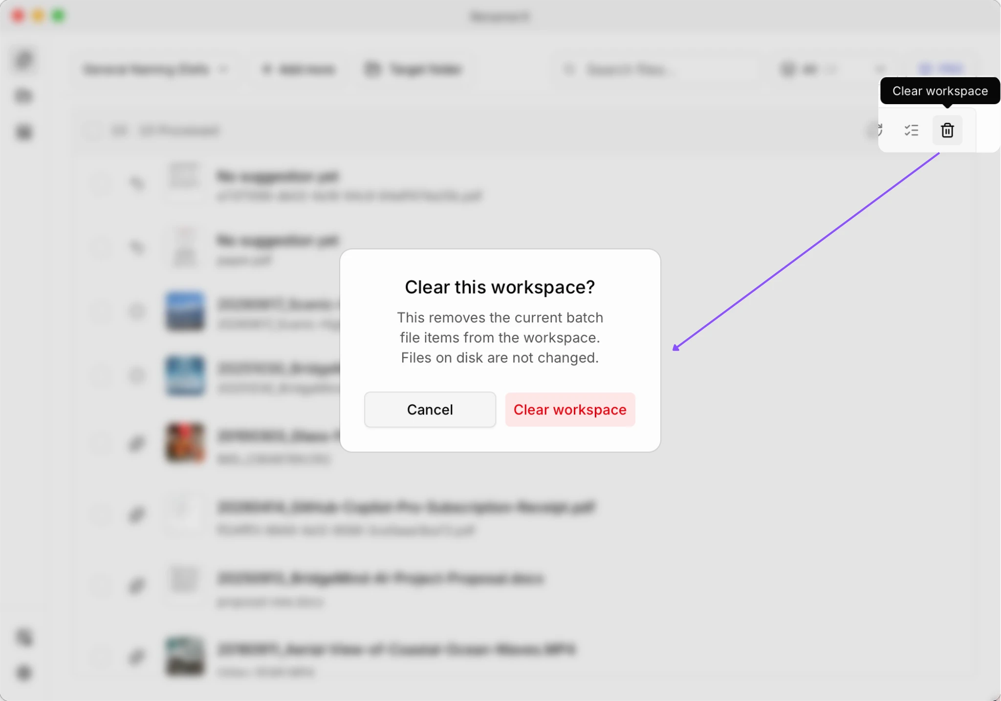 Clear workspace confirmation explaining that Batch Rename records will be removed while files on disk remain unchanged