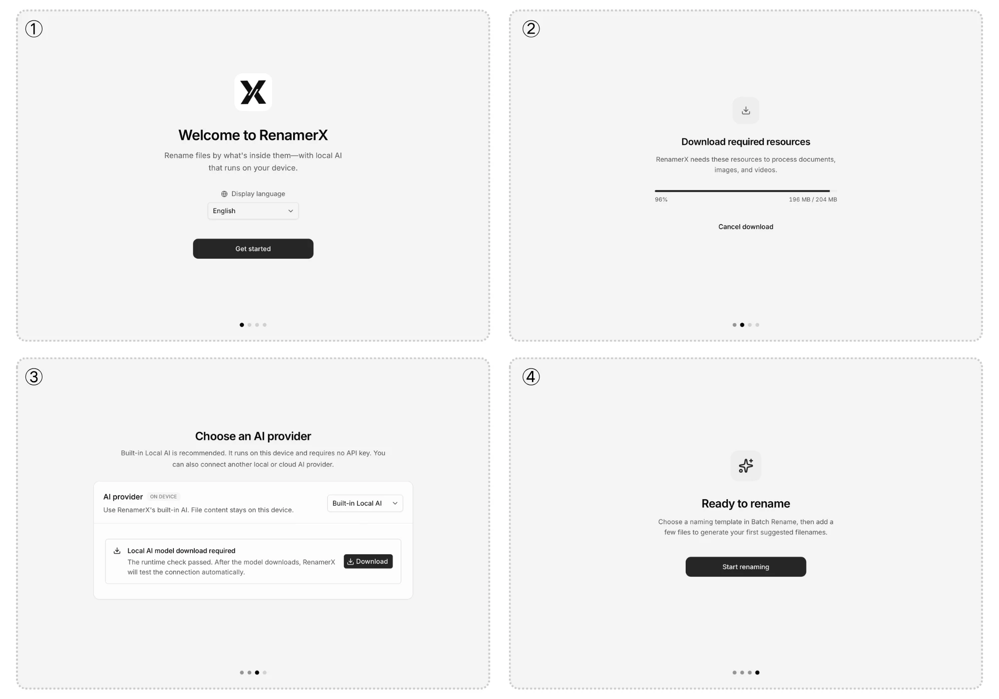 First-launch sequence for language selection, resource download, AI provider setup, and completion