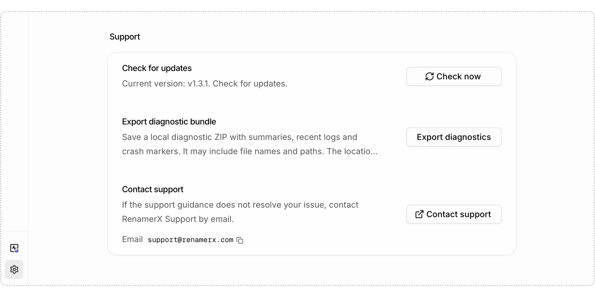Support settings with Check for updates, Export diagnostics, and Contact support actions
