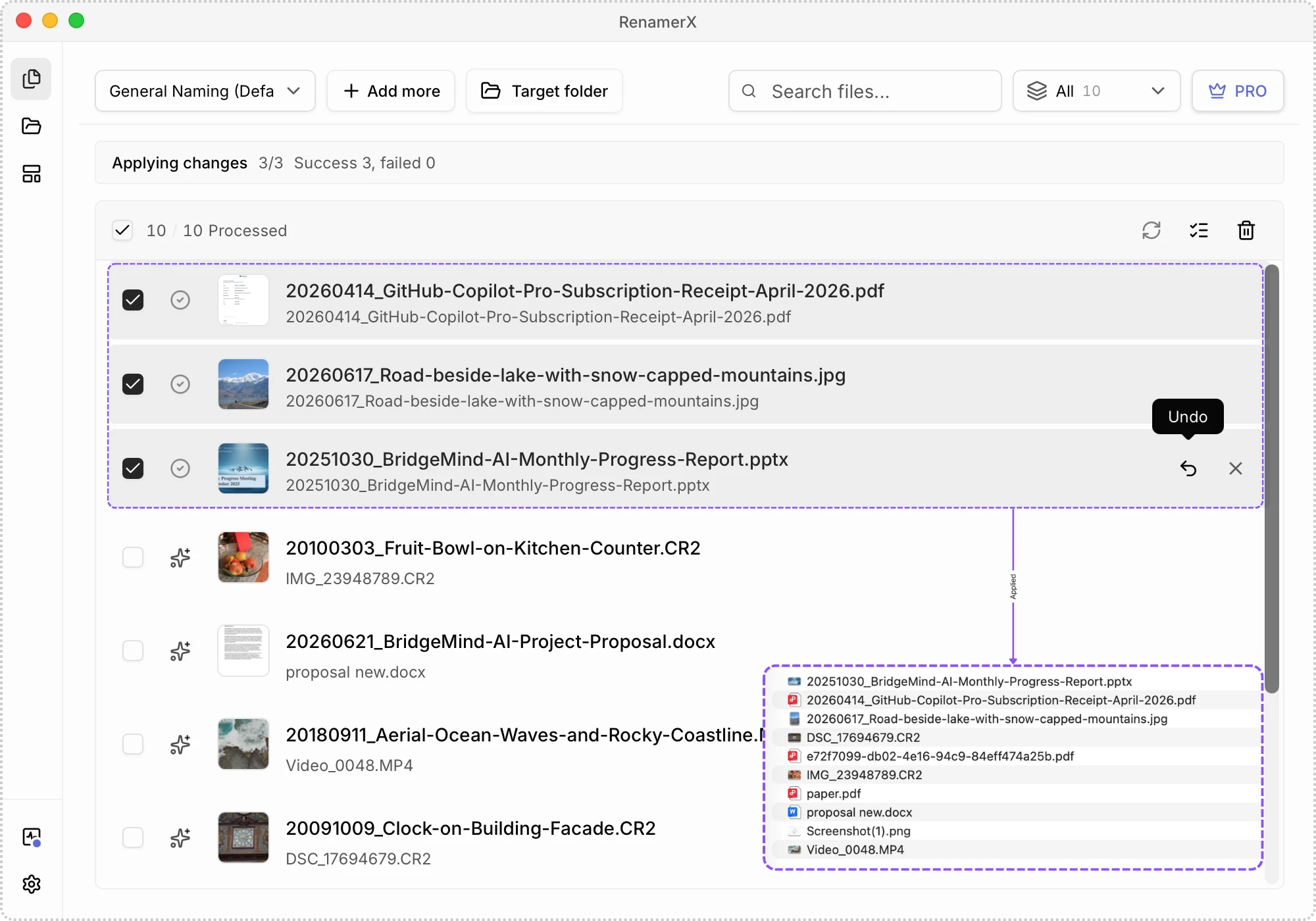 Applied files in Batch Rename with Undo available and matching filenames shown in Finder