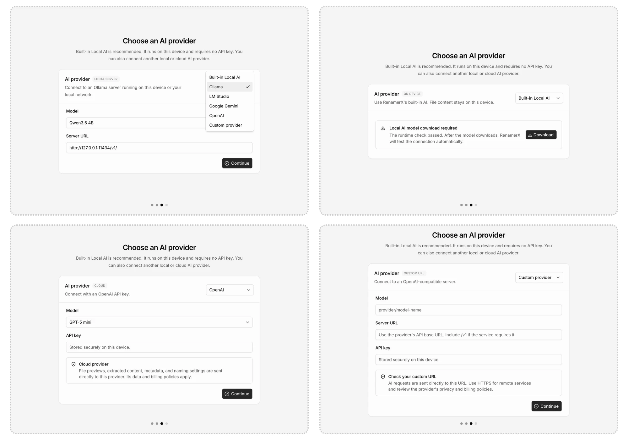 AI Provider setup examples for Built-in Local AI, Ollama, OpenAI, and a custom Provider