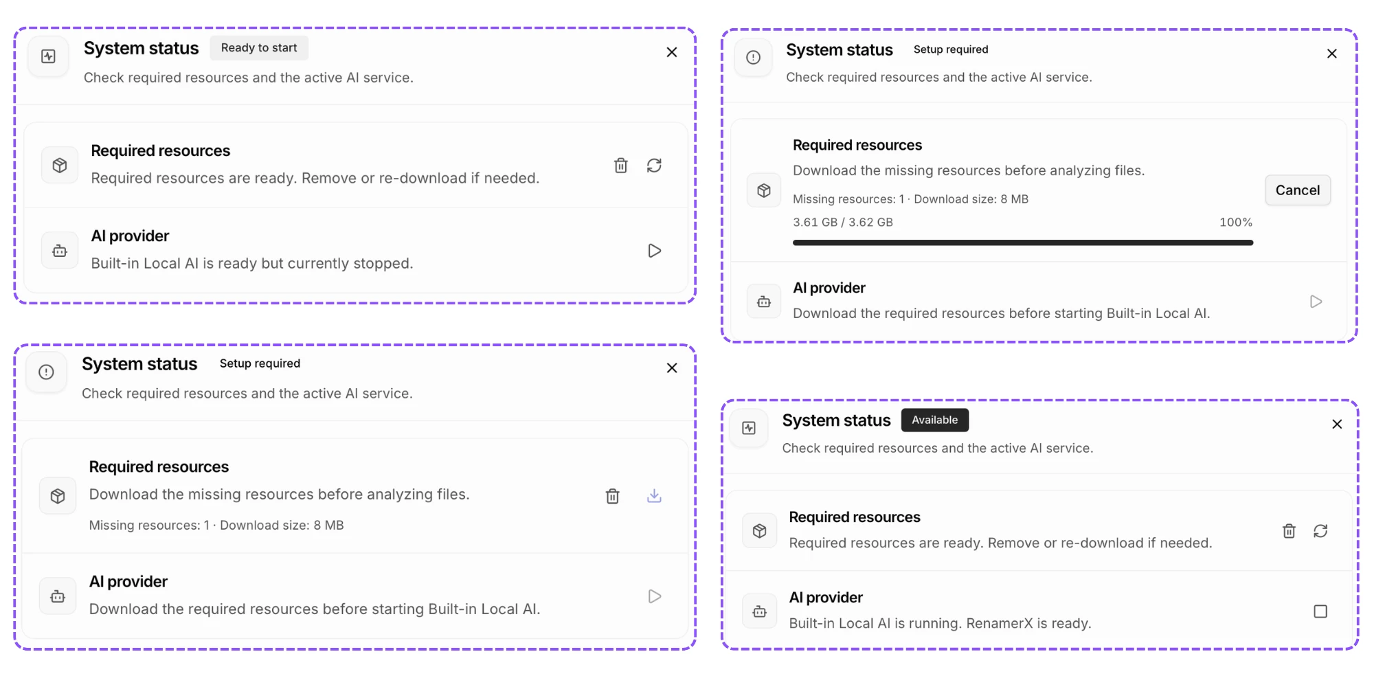 System status examples for Setup required, Ready to start, and Available