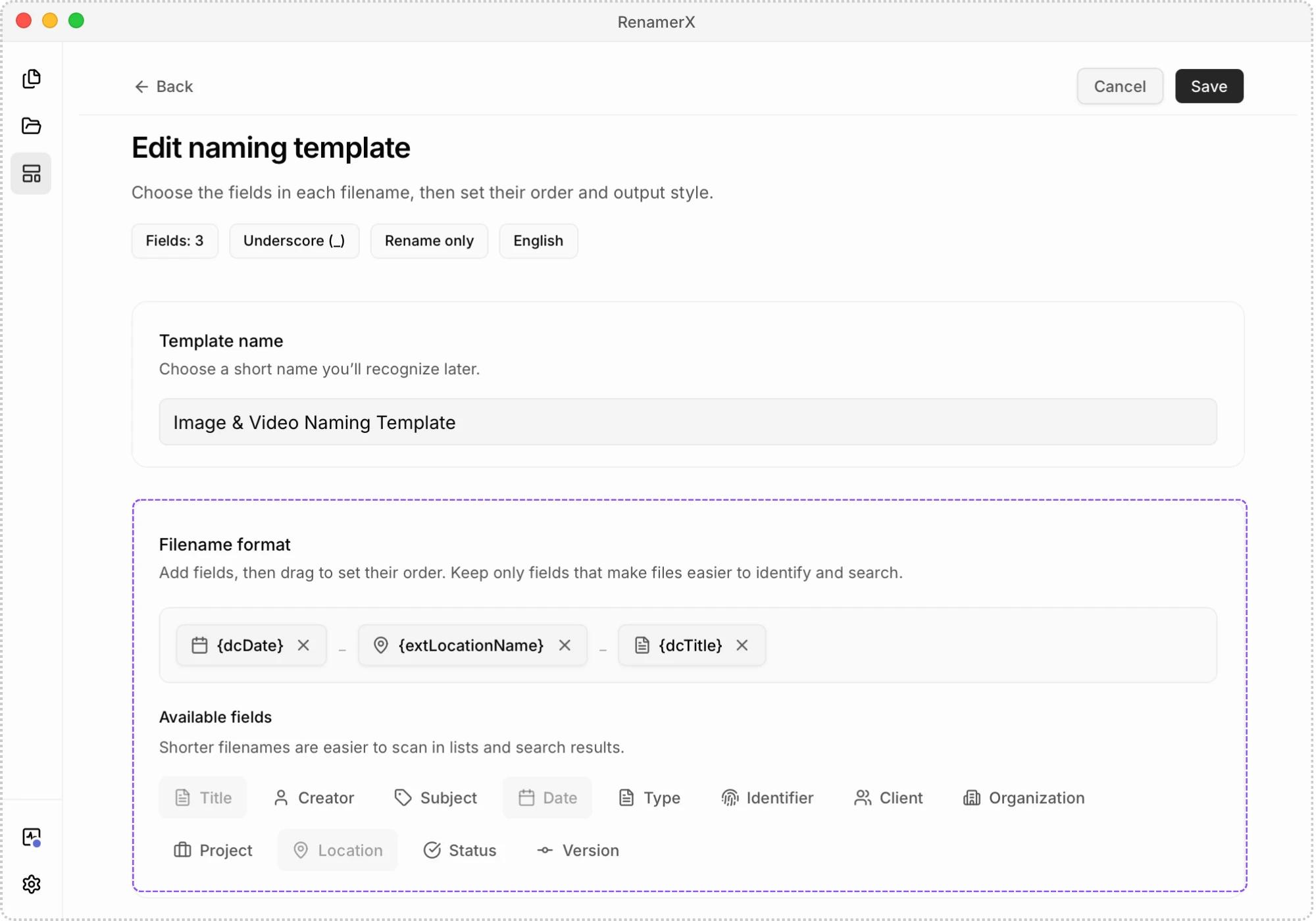 Edit naming template page with Date, Location, and Title arranged in the filename format