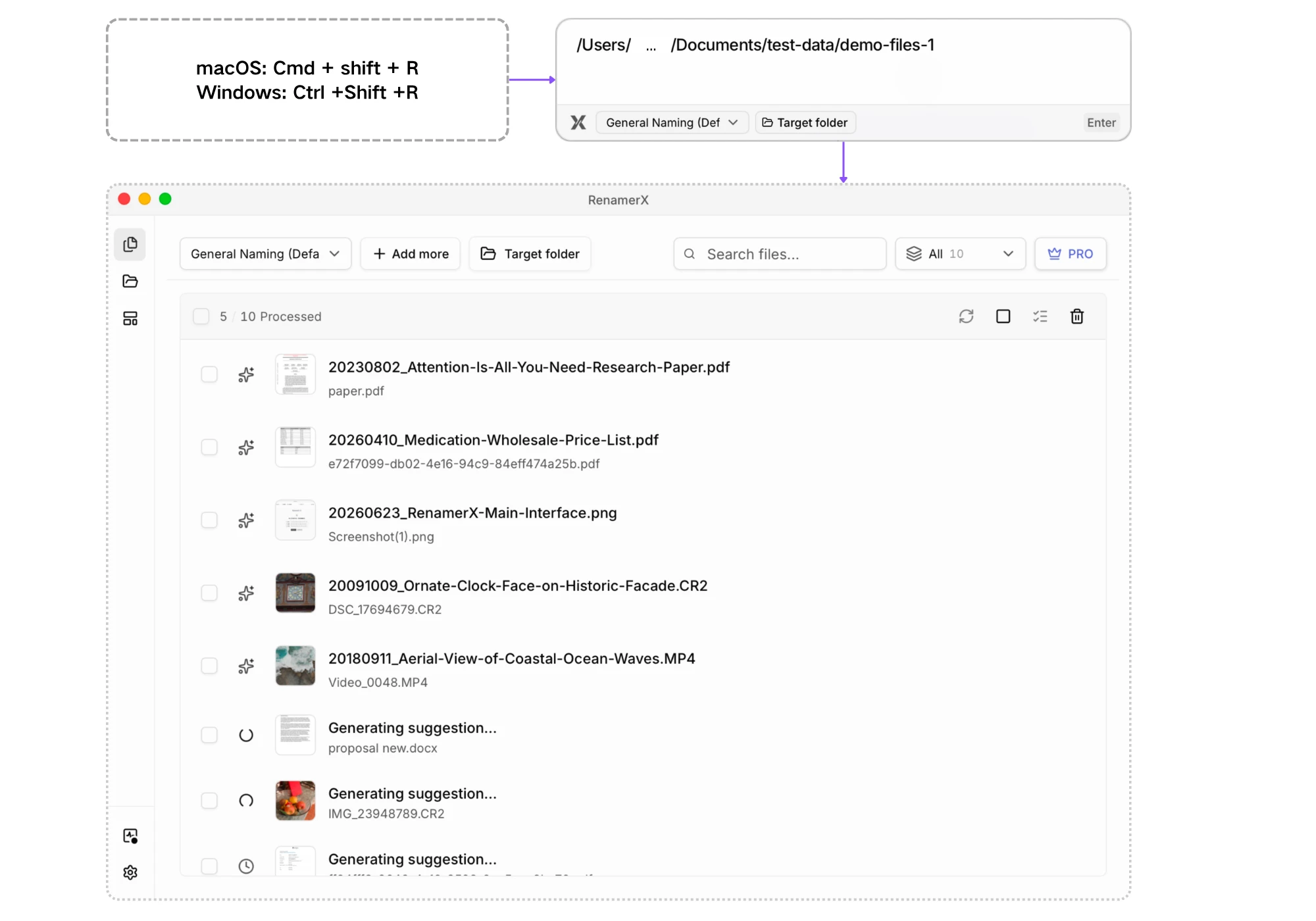 Quick Rename workflow from the keyboard shortcut and path entry to imported files in Batch Rename