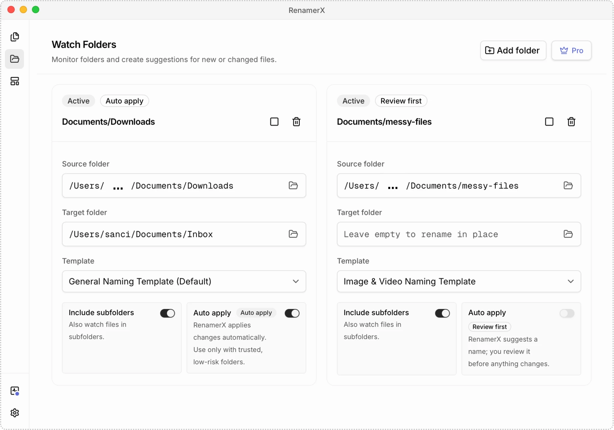 Watch Folders page comparing active Auto apply and Review first configurations