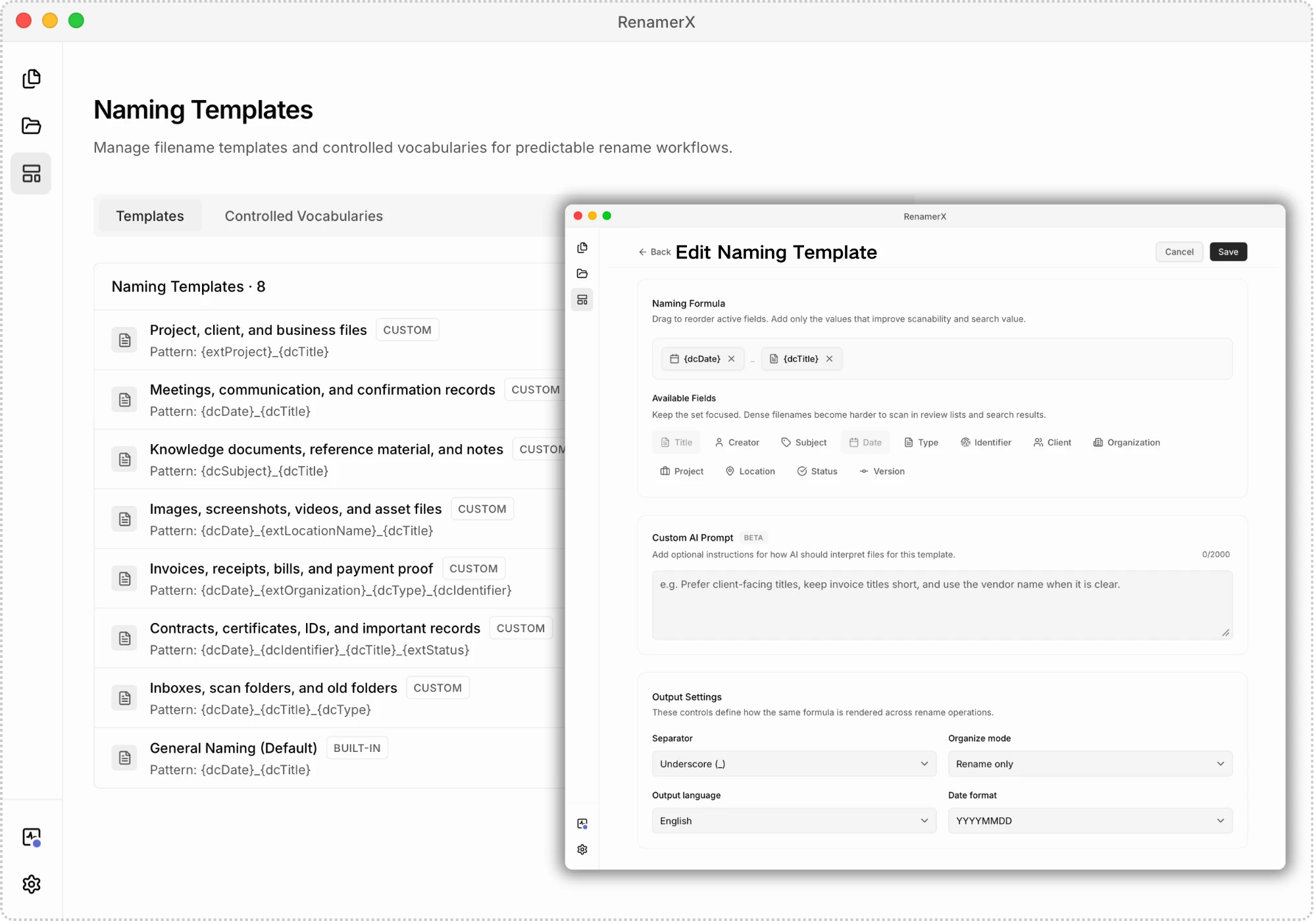 Naming Templates page beside the Edit Naming Template form for fields, AI prompt, and output settings