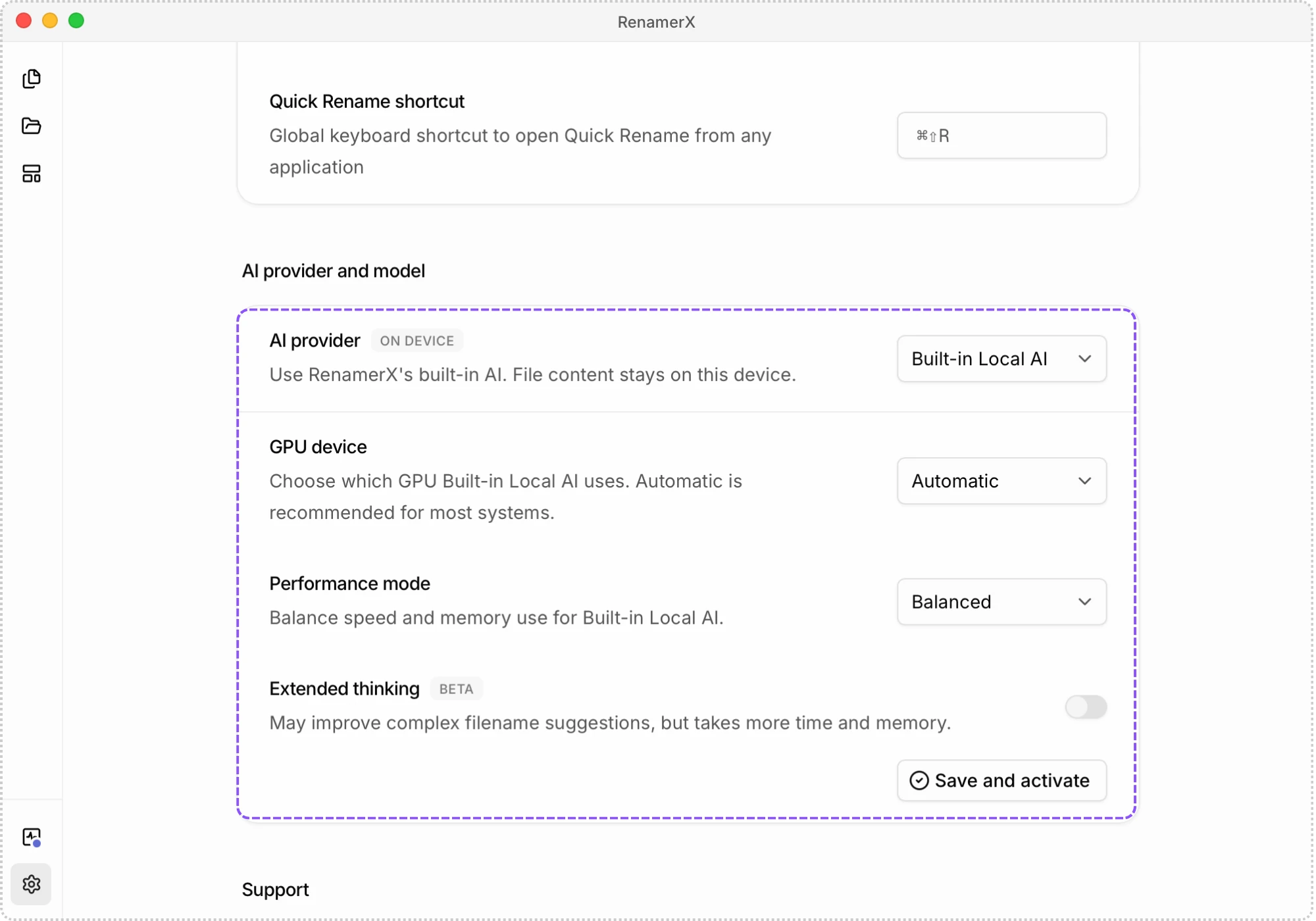 Built-in Local AI settings with automatic GPU selection, Balanced performance, Extended thinking, and Save and activate