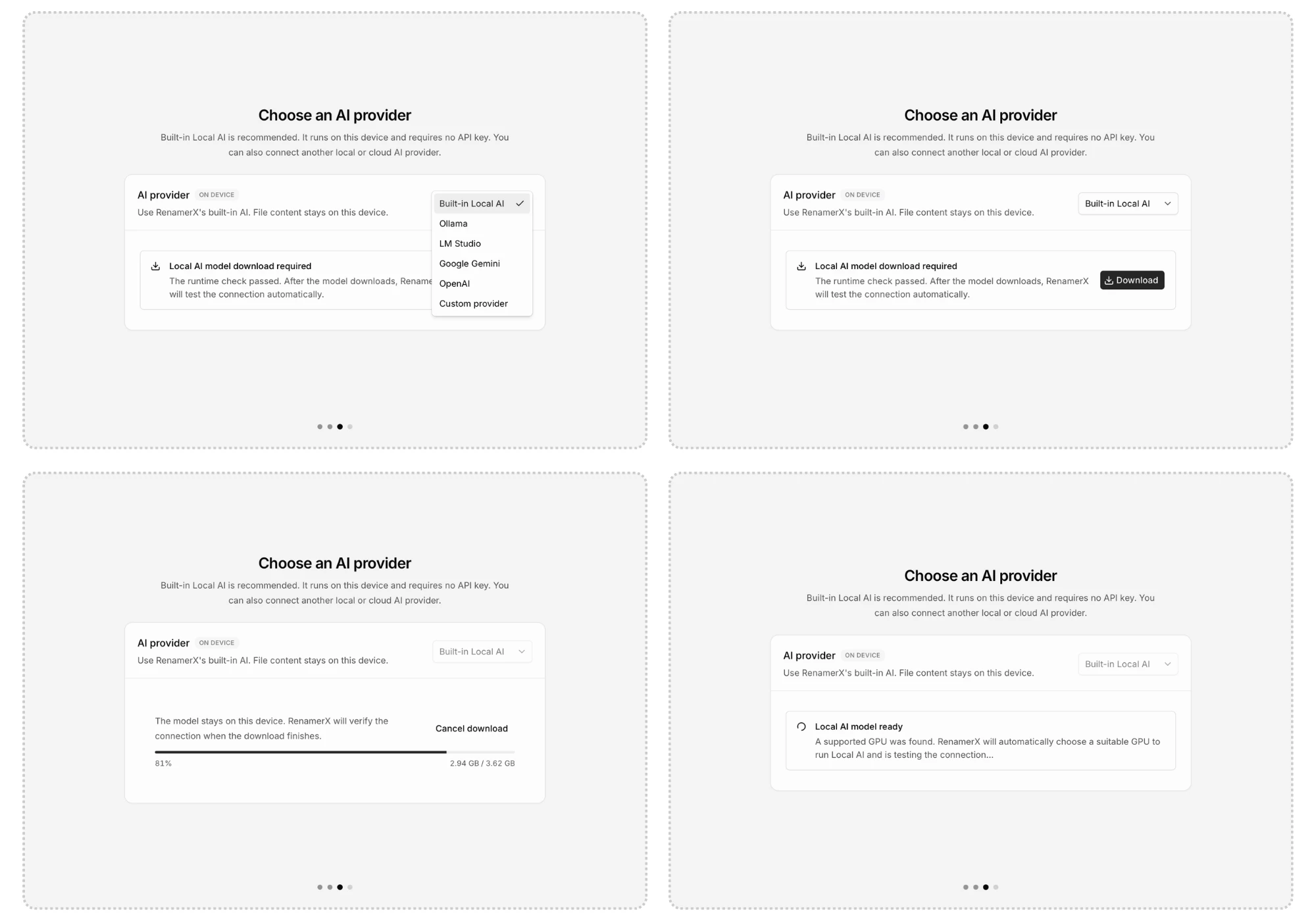 Built-in Local AI setup showing provider selection, model download, download progress, and connection testing