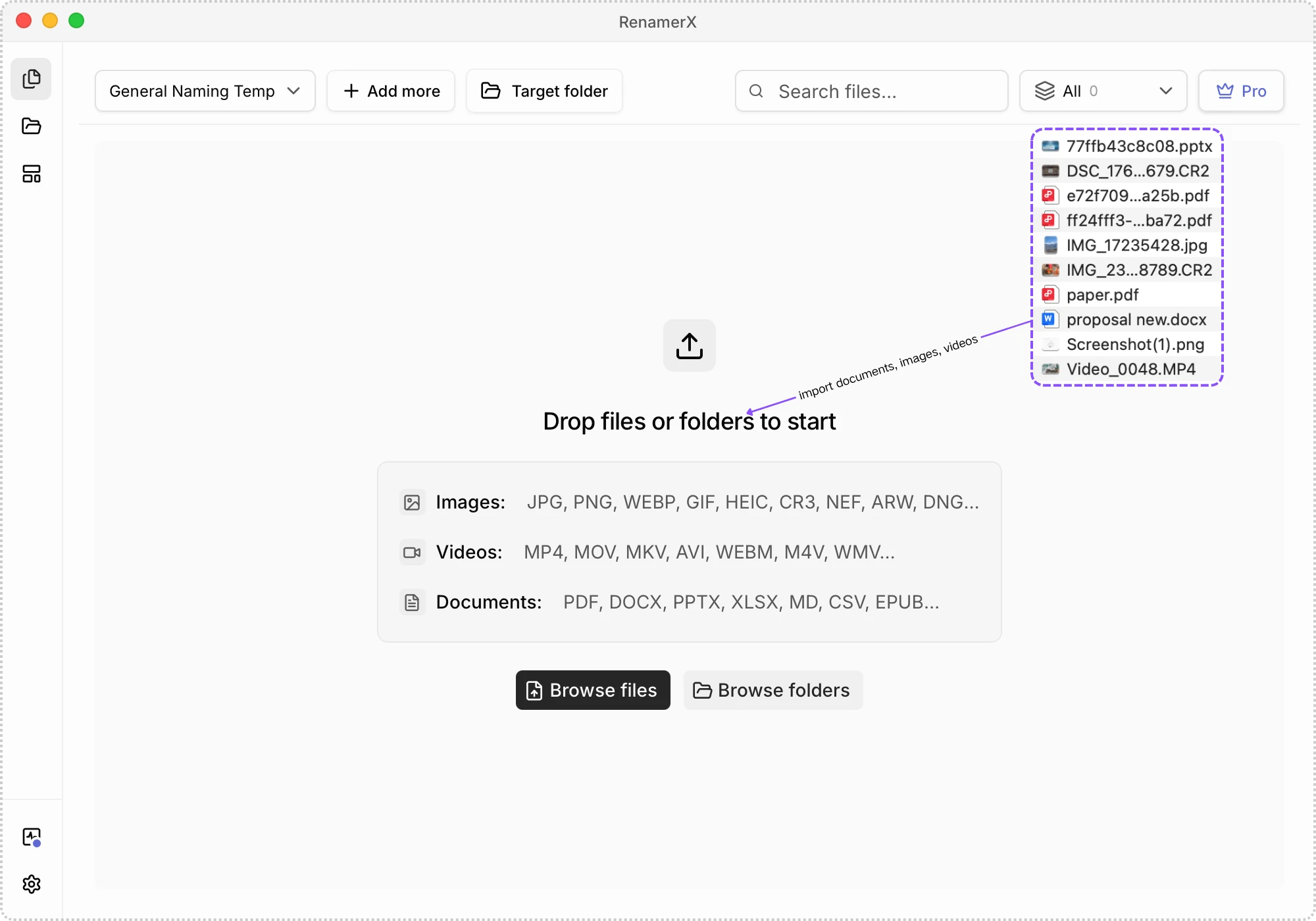 Dragging a set of documents, images, and videos into the Batch Rename workspace