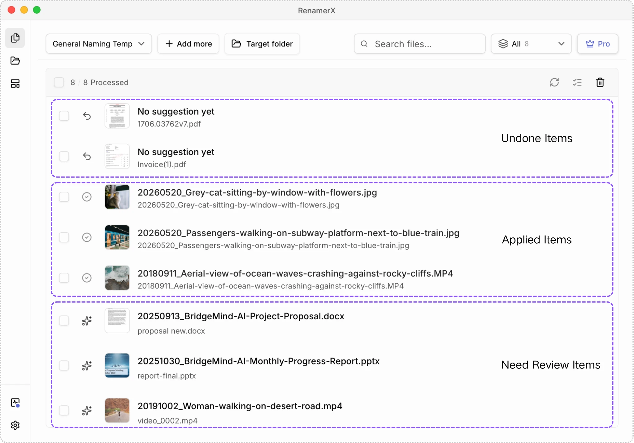 Batch Rename list grouped into Undone, Applied, and Needs Review items