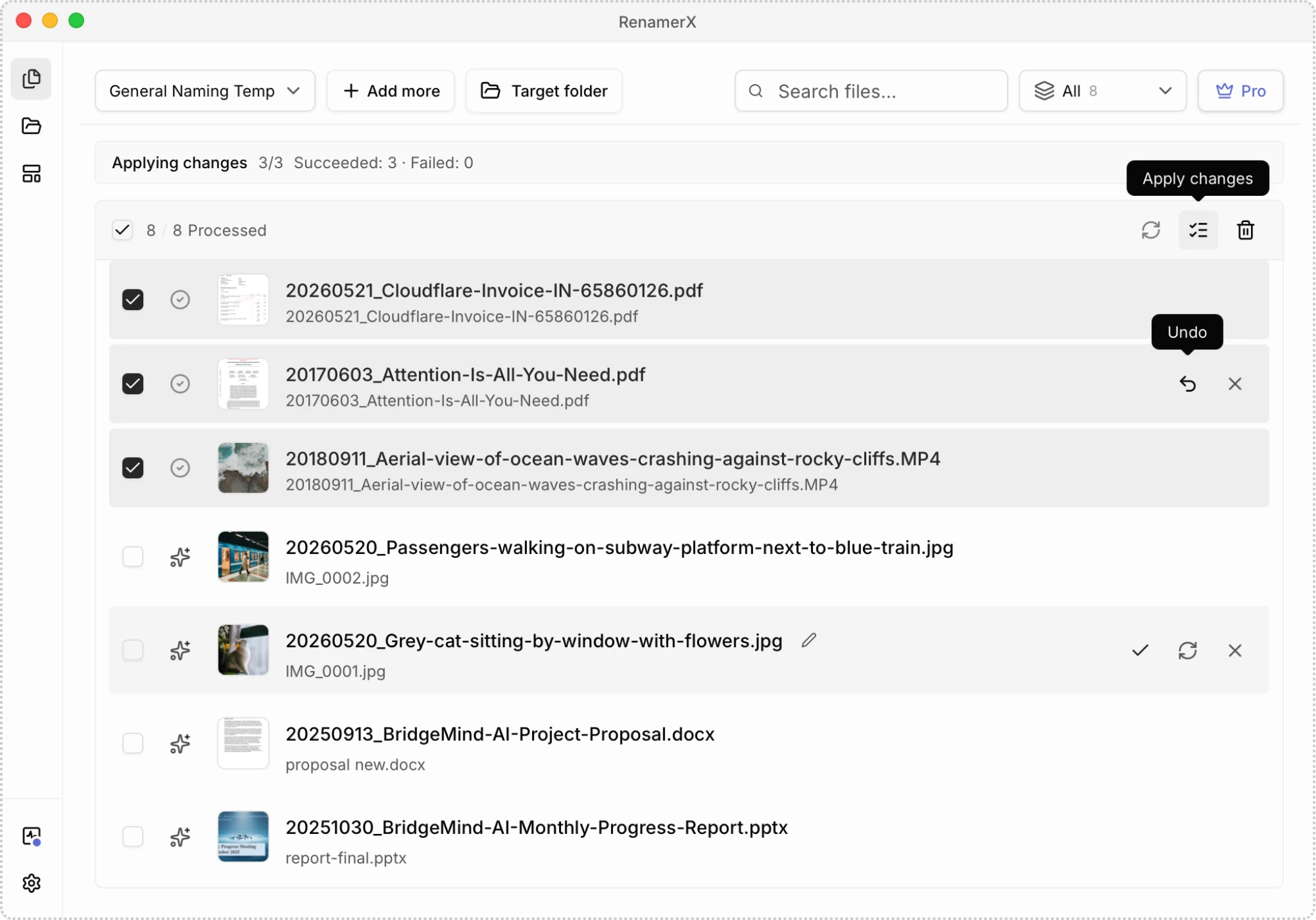 Batch Rename list with selected files applied, unselected files awaiting review, and the Undo action highlighted